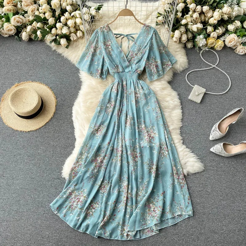 Floral Ruffle Chiffon V-Neck Midi Dress