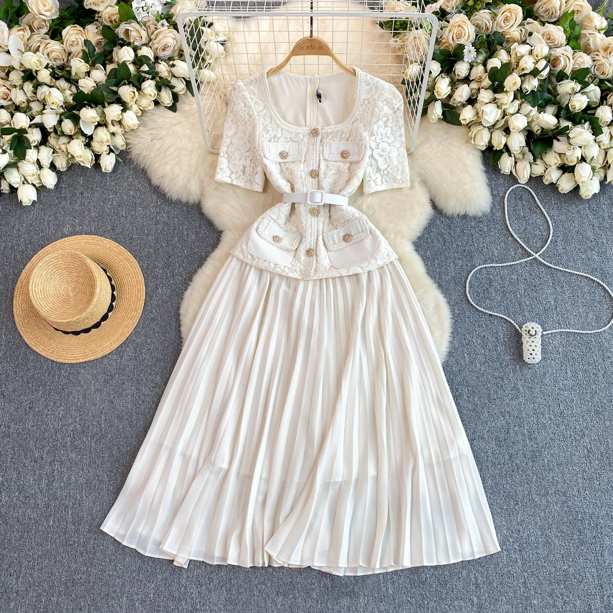 Square Neck Lace Patchwork Pleated Dress