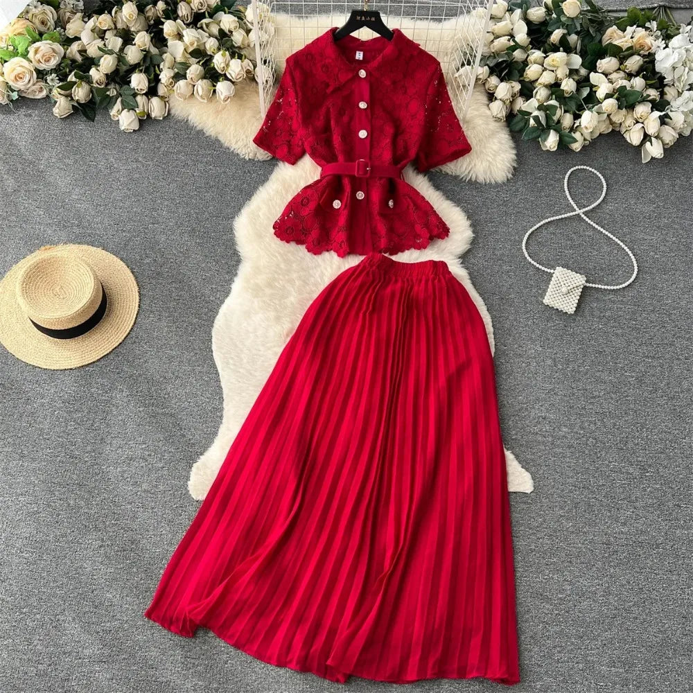 Collared Top and Pleated Skirt Set