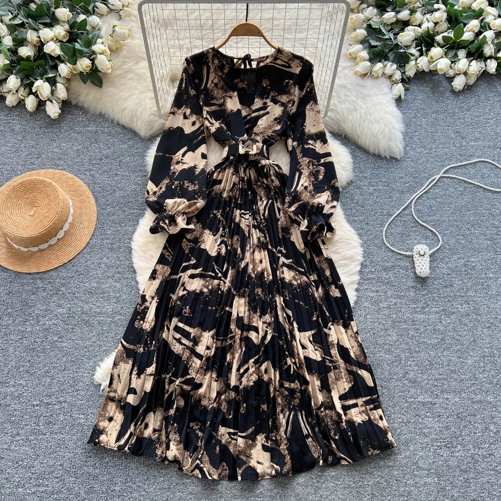 Belted Crew Neck Long Sleeve Dress