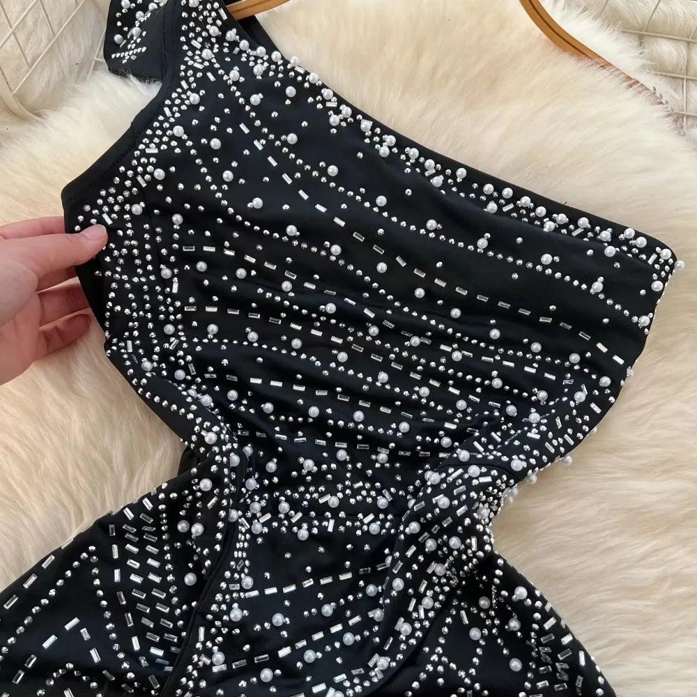 Embroidered Beaded Diagonal Shoulder Long Dress