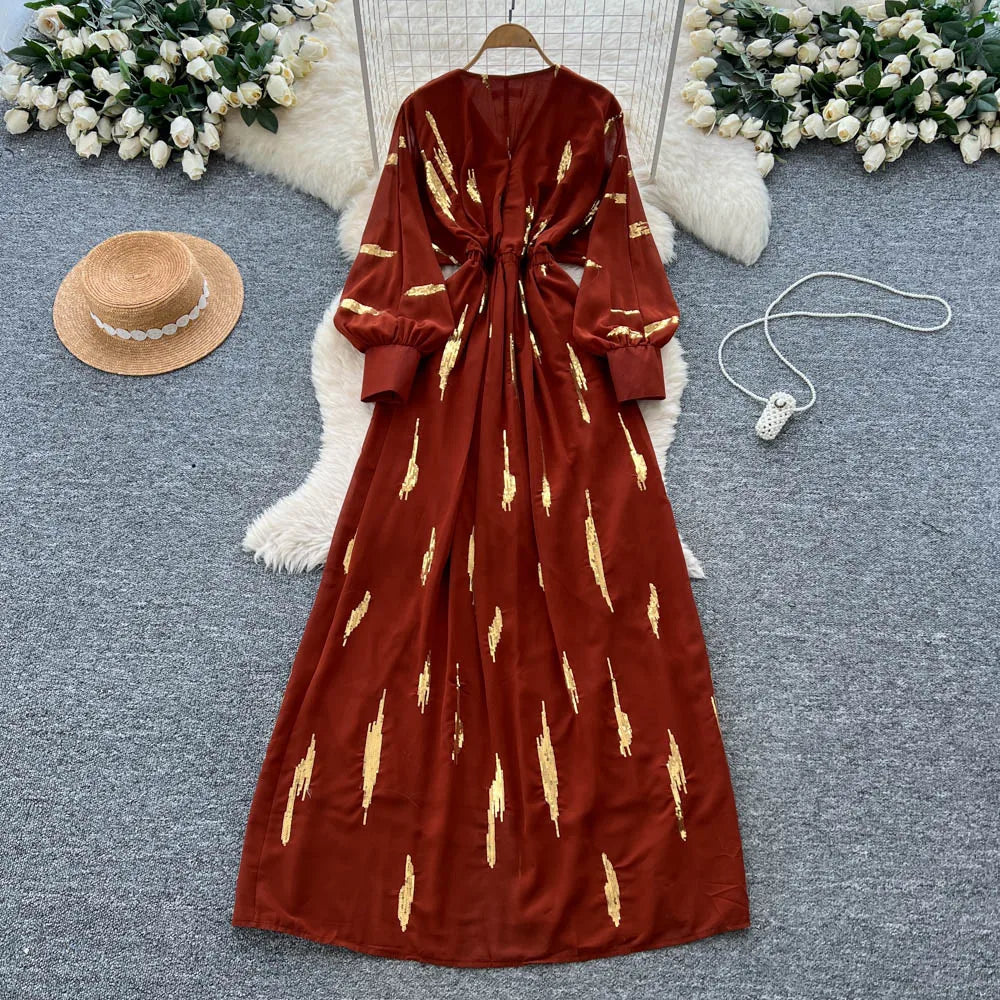 Embroidered Split V-Neck Long Sleeve Dress