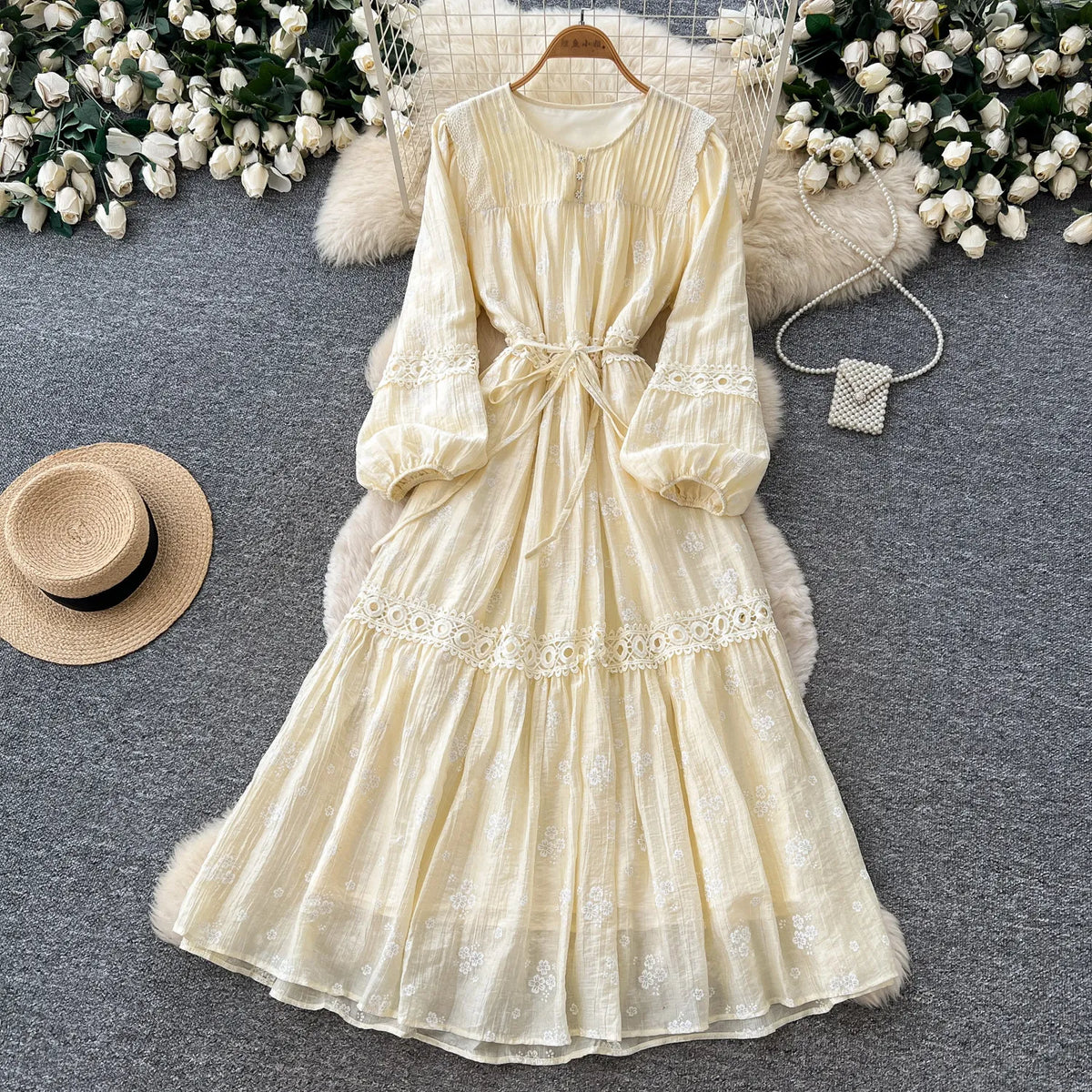 Jacquard Ruffle Puff Sleeve Swing Dress