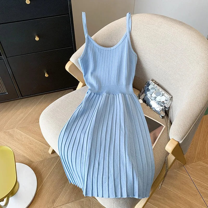 Pleated Knit Spaghetti Strap Mini Dress