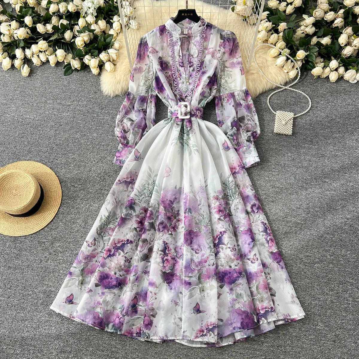 Print Sash V-Neck Lantern Sleeve Long Dress