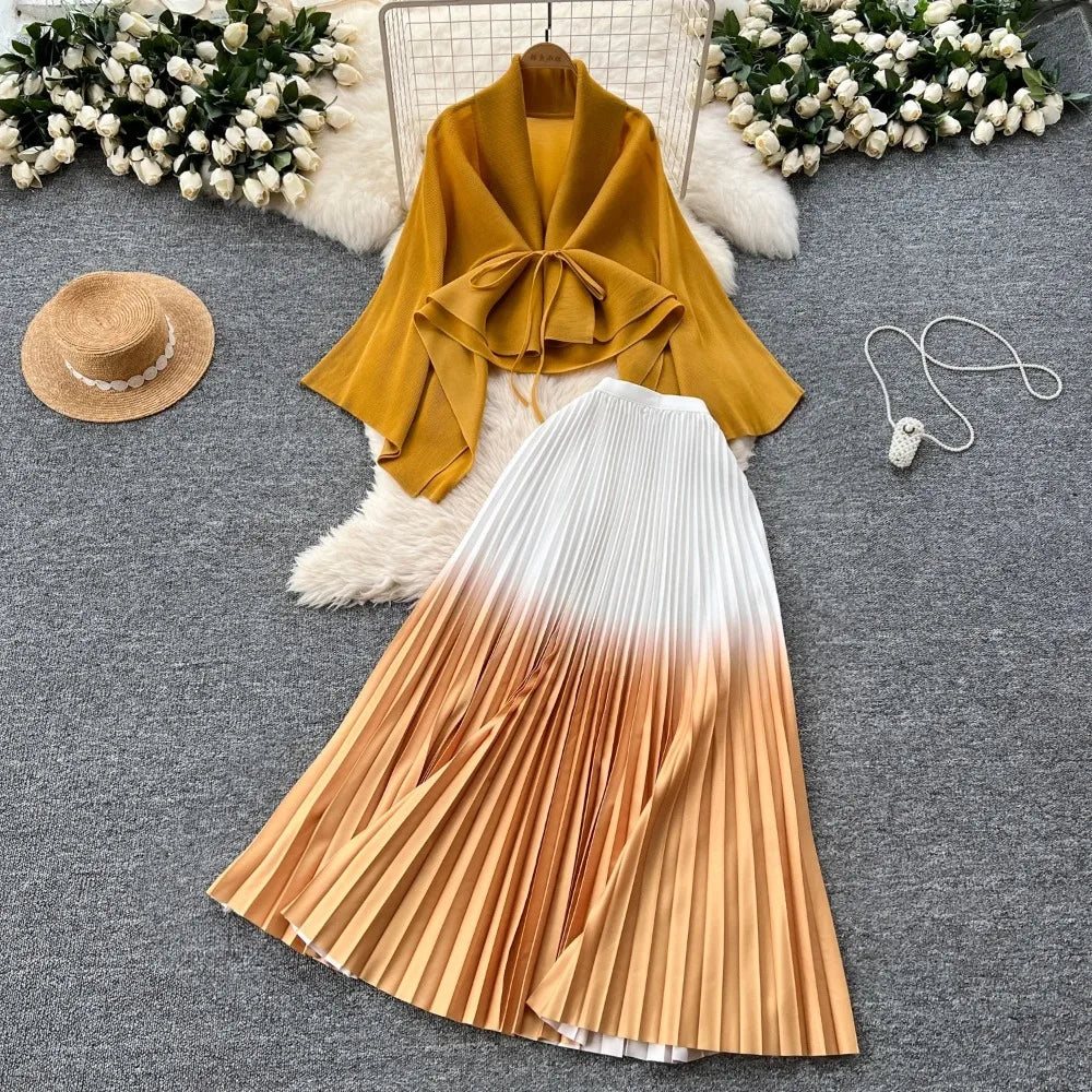 Gradient Bandage Top and Pleated Skirt Set