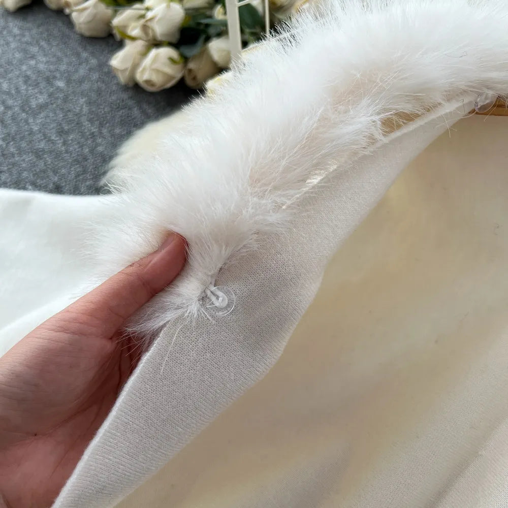 Faux Fur Trim Tassel Knit Poncho