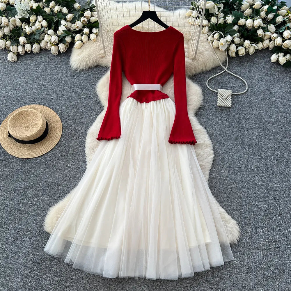 3D Floral Knit Mesh Square Neck Gown
