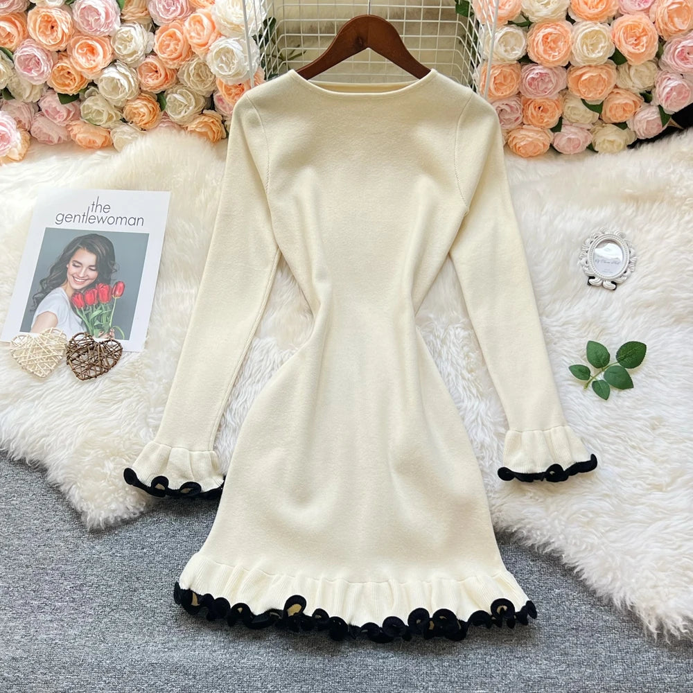 Solid Ruffled Knit A-Line Mini Dress