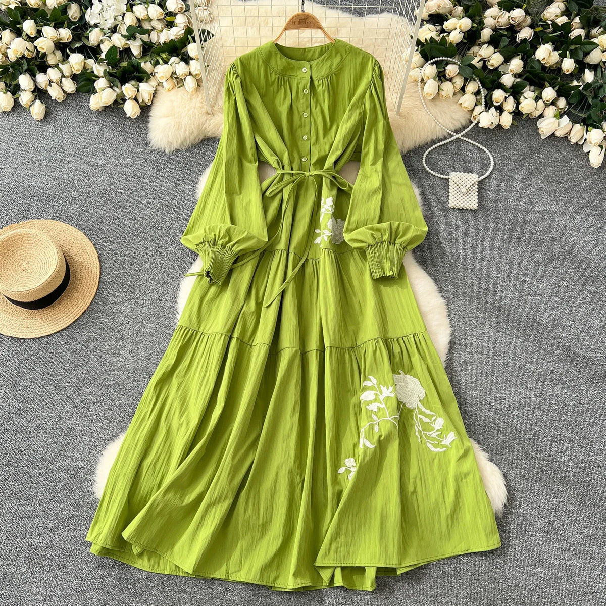 Rose Embroidered Long Sleeve Dress
