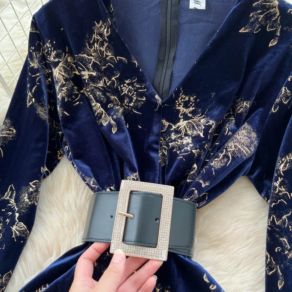 Velour Print Long Sleeve A-Line Dress