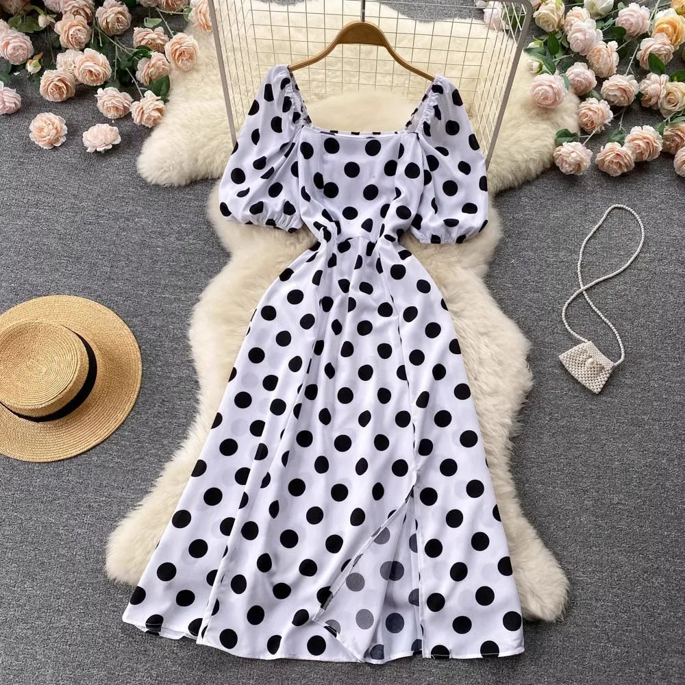 Vintage Polka Dot Puff Sleeve Maxi Dress