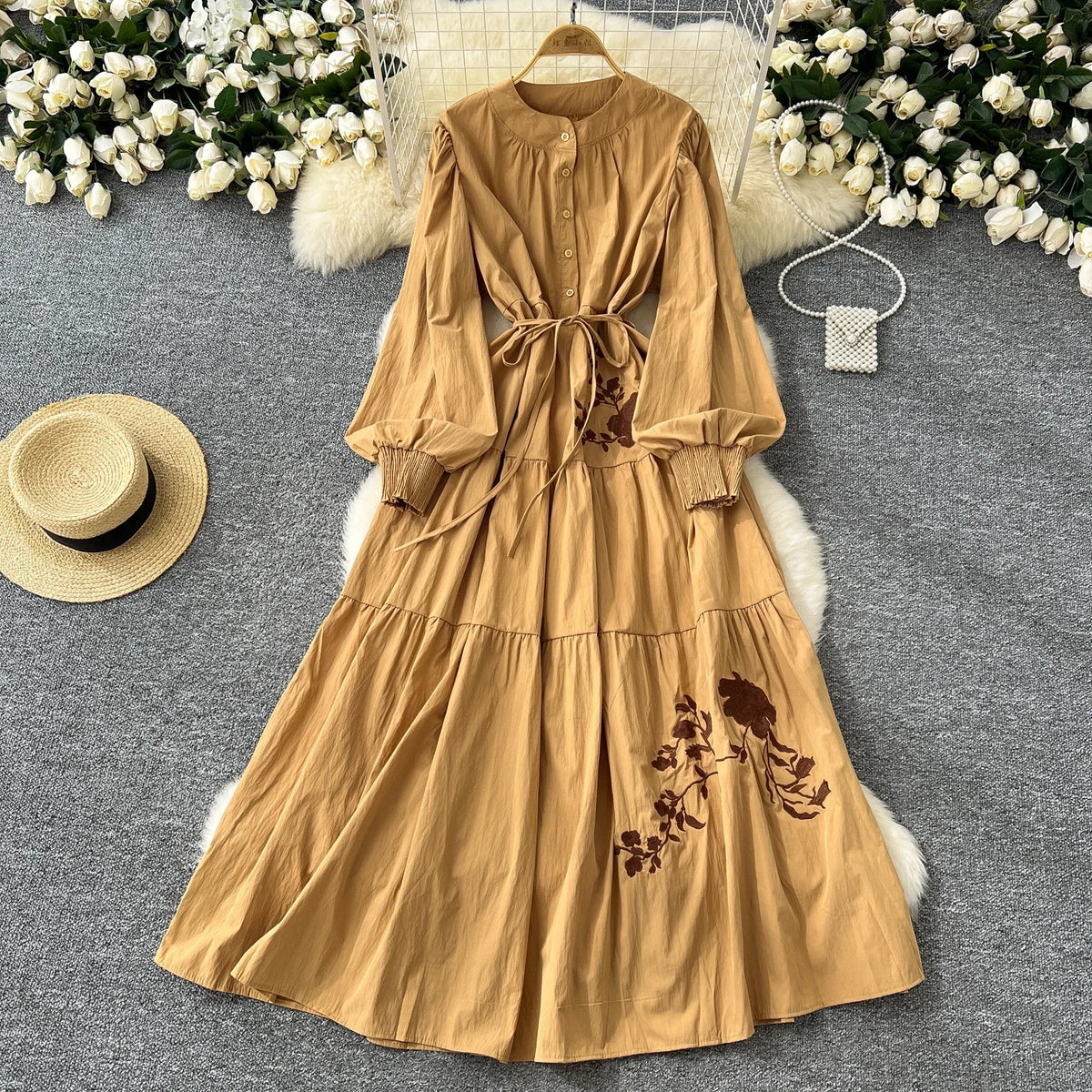 Rose Embroidered Long Sleeve Dress