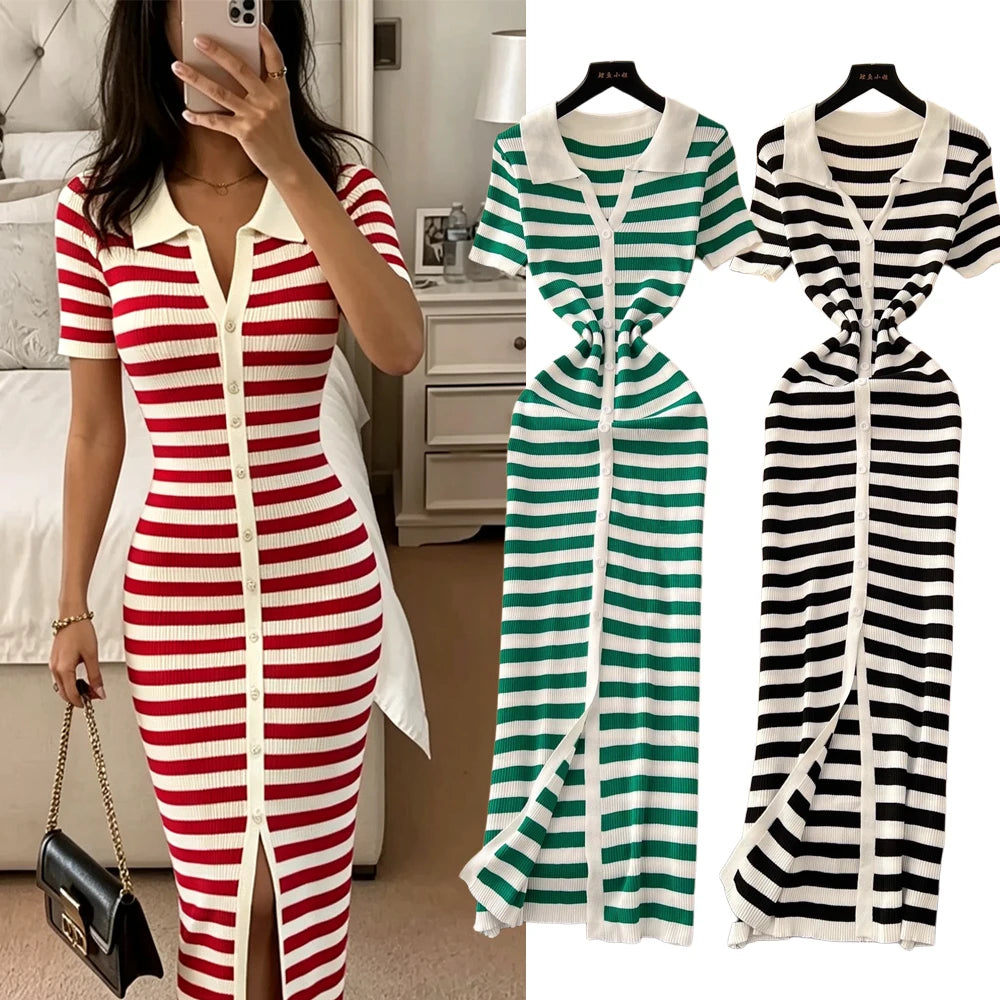 Striped Knit Bodycon Maxi Sweater Dress