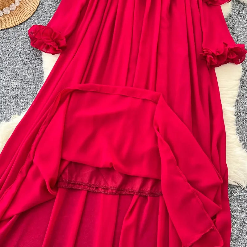 Pleated Chiffon Long Sleeve A-Line Dress