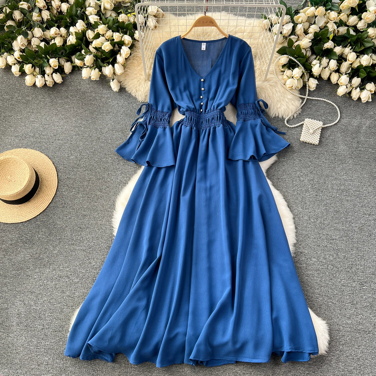 Belted Print Flare Sleeve A-Line Dress