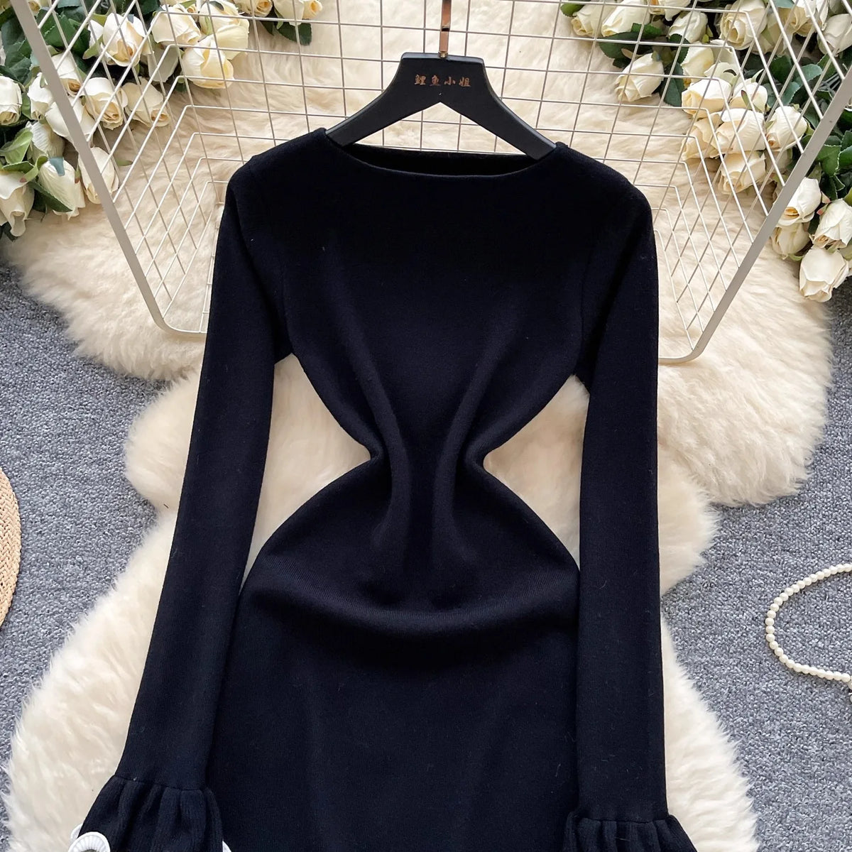 Crew Neck Ruffled Knit Bodycon Mini Dress
