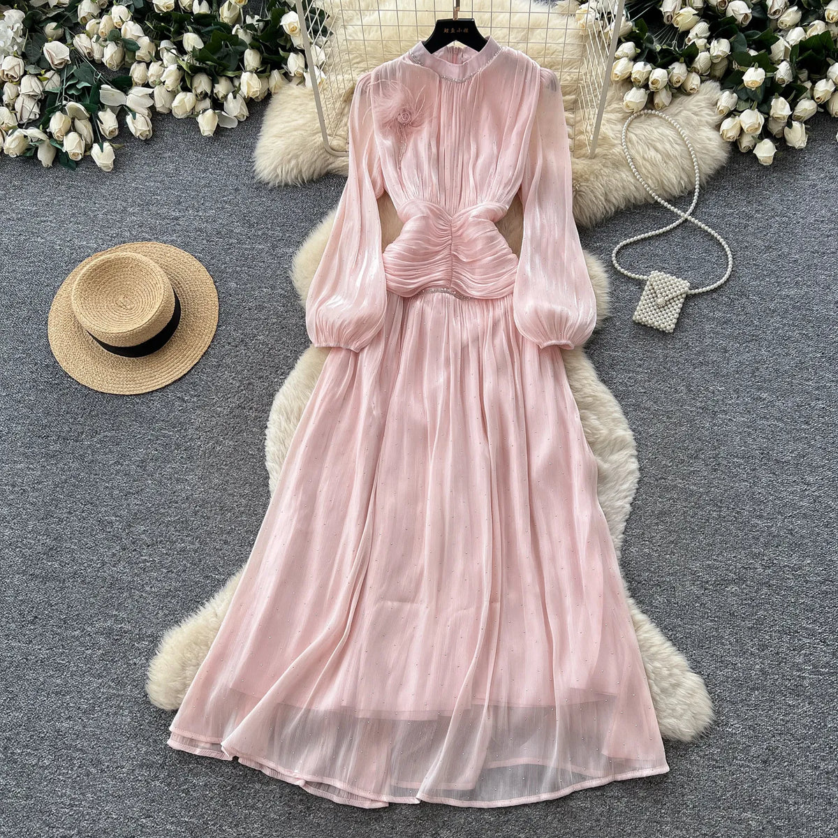 3D Floral Rhinestone Puff Sleeve Chiffon Dress