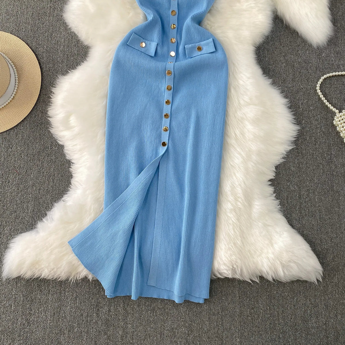 Sleeveless Button Front Knit Maxi Dress