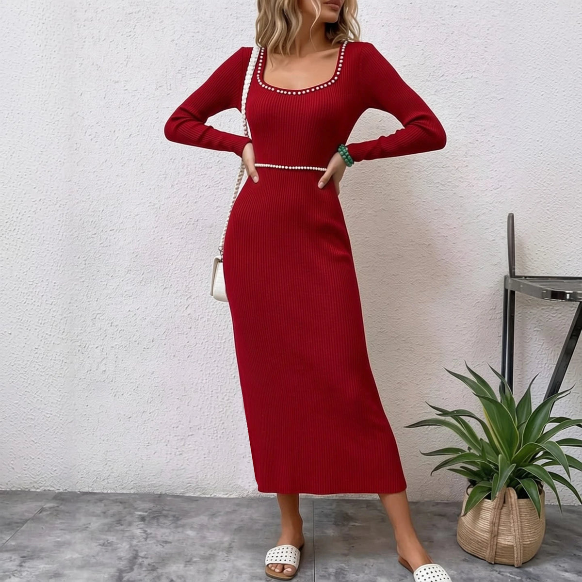 Pearl Detail Knit Bodycon Maxi Dress