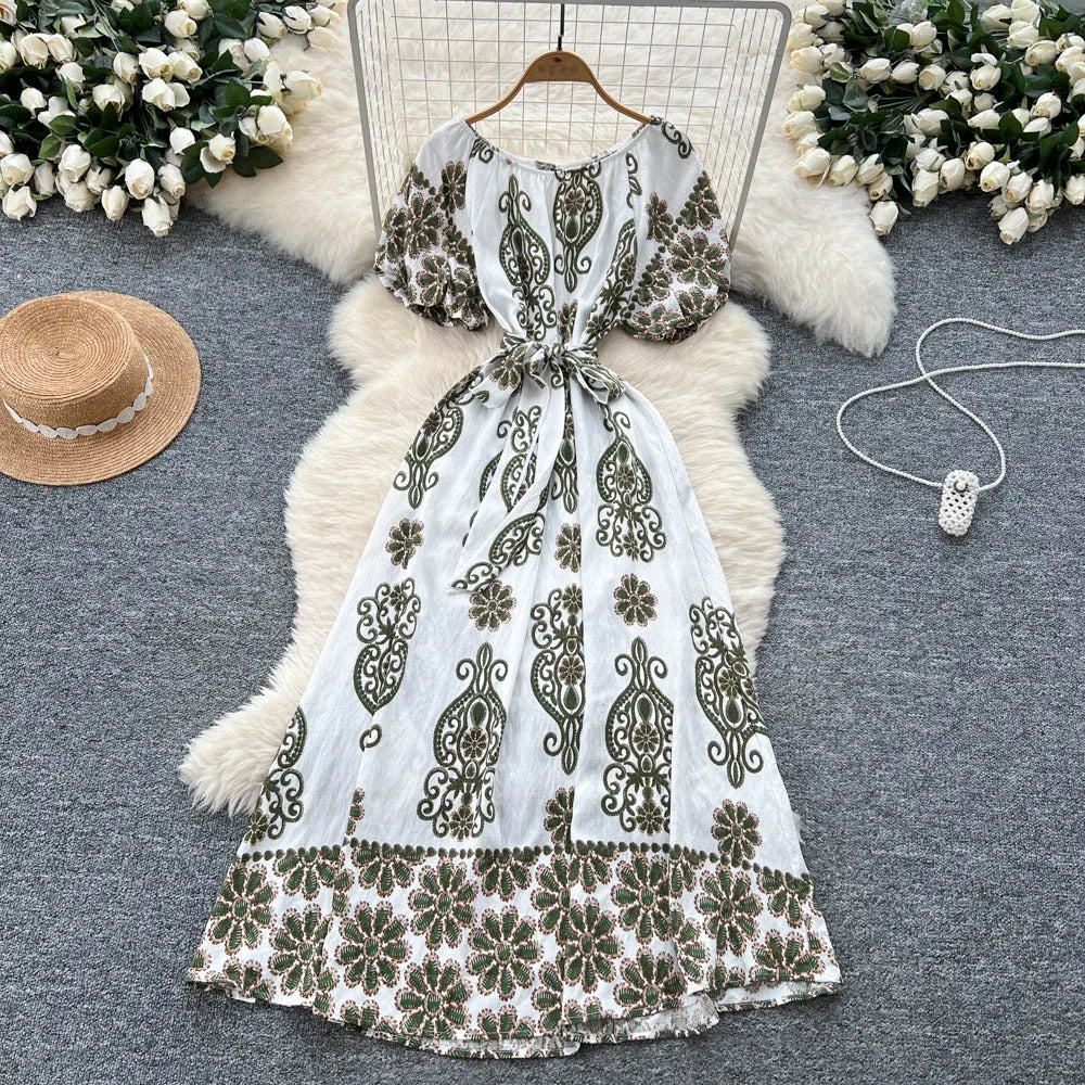 Puff Sleeve High Waist Boho Sundress