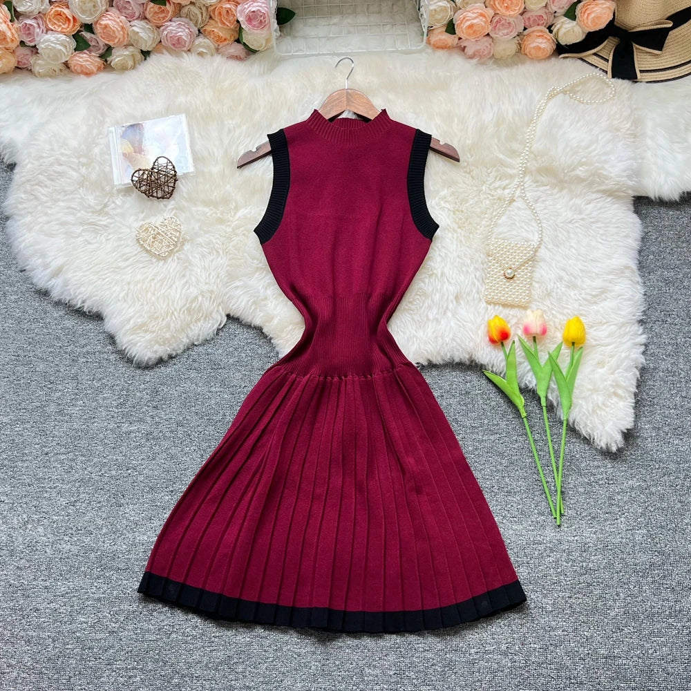 Pleated Knit A-Line Mini Dress