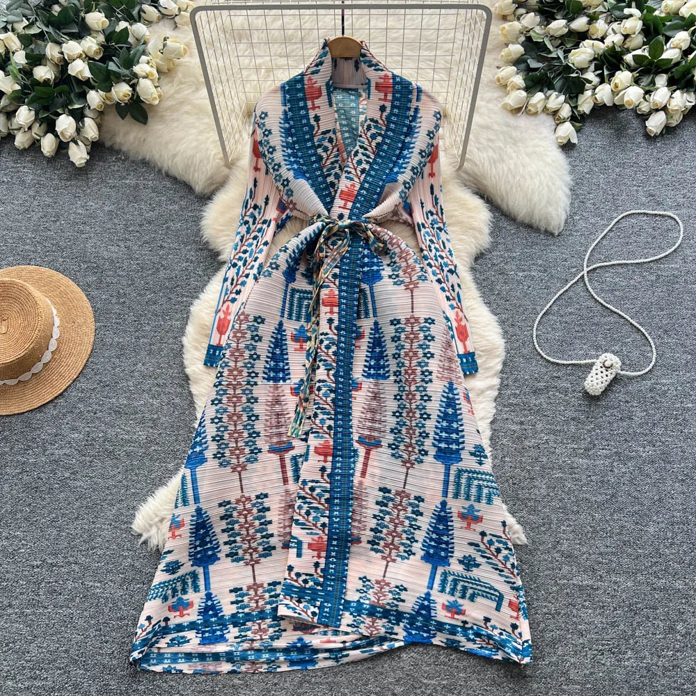 Ruched V-Neck Print Long Sleeve Dress