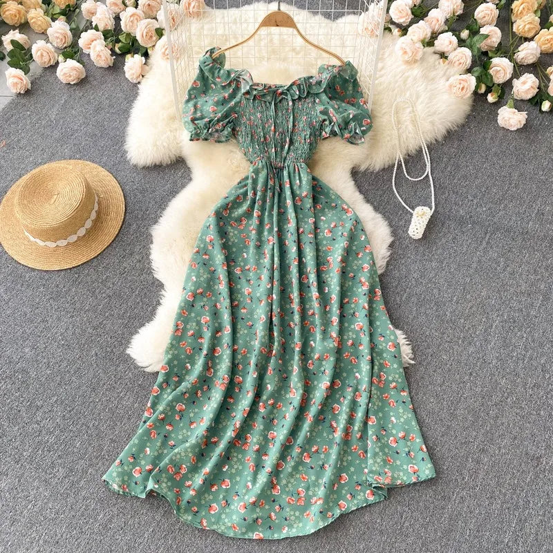 Floral Off-Shoulder Puff Sleeve Maxi Dress