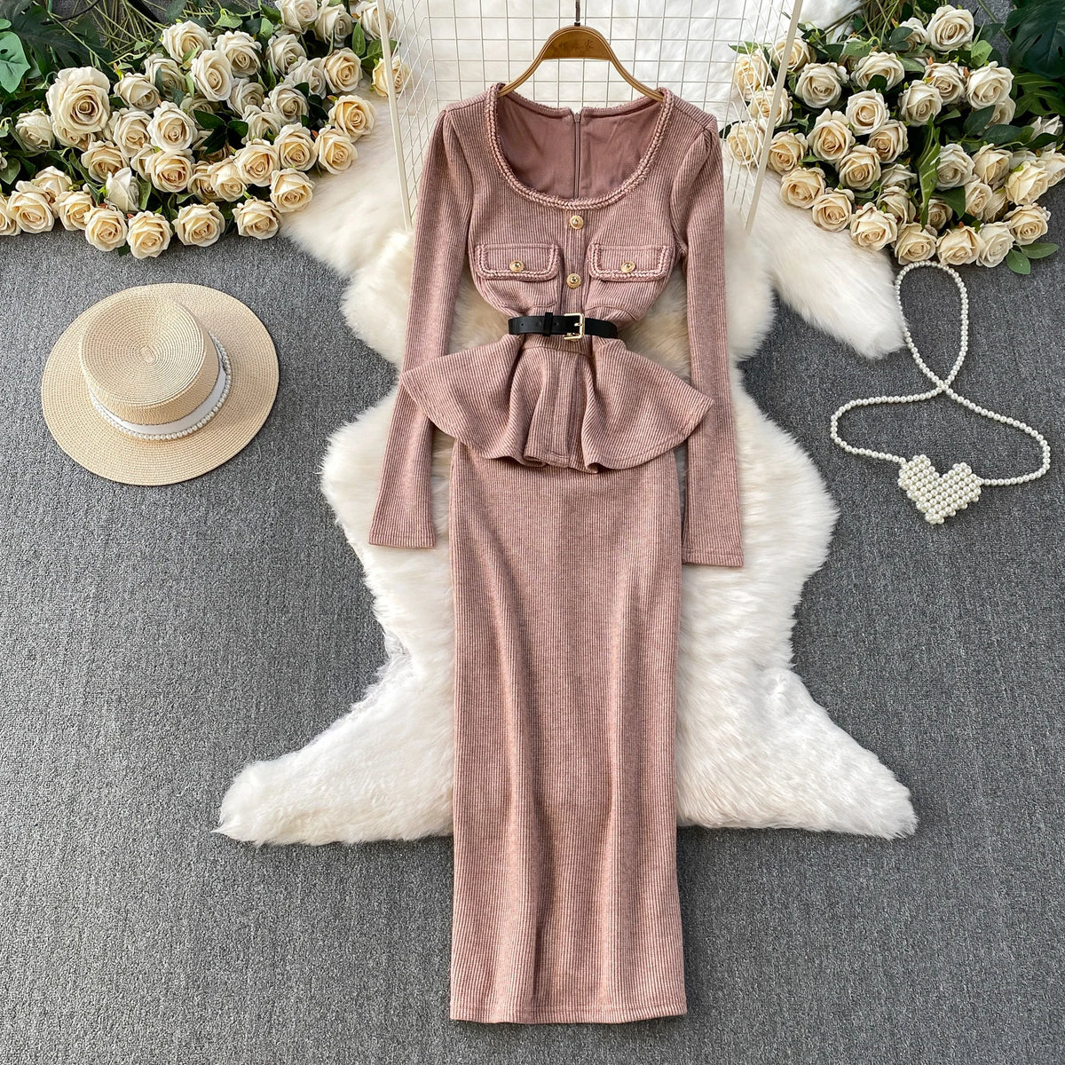 Ruffle Square Neck Long Sleeve Maxi Dress
