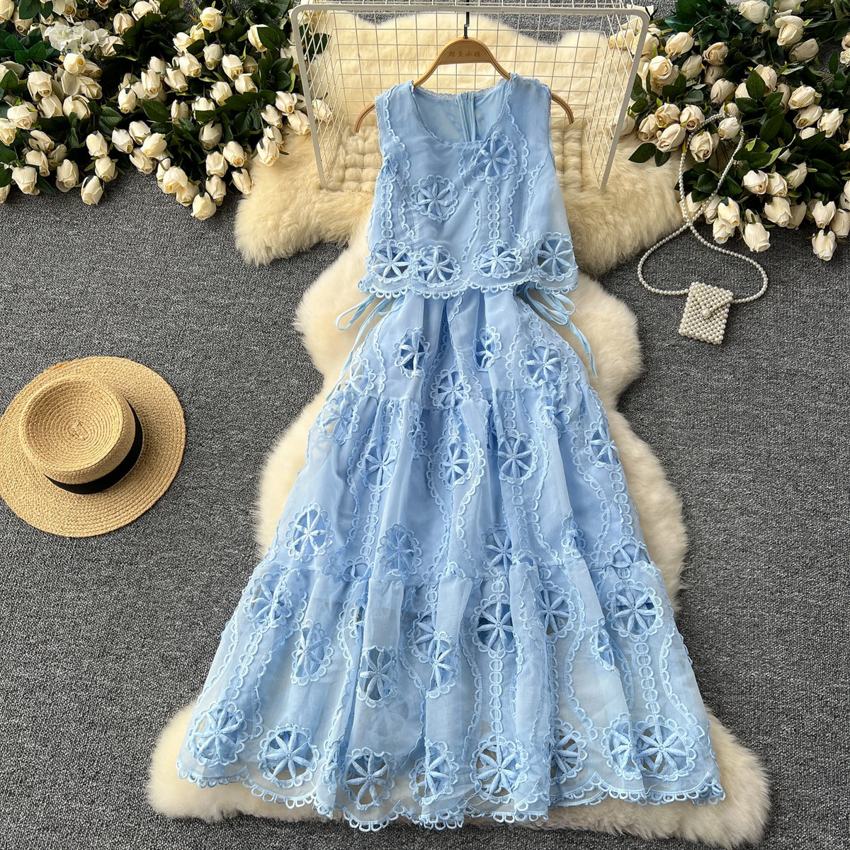 Embroidered Lace Cutout Sleeveless A-Line Dress