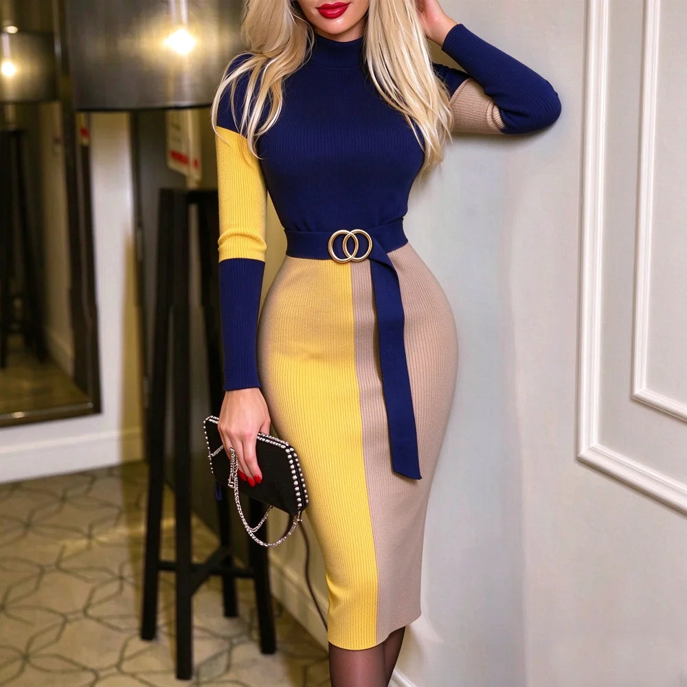 Colorblock Ribbed Knit Belted Maxi Dress