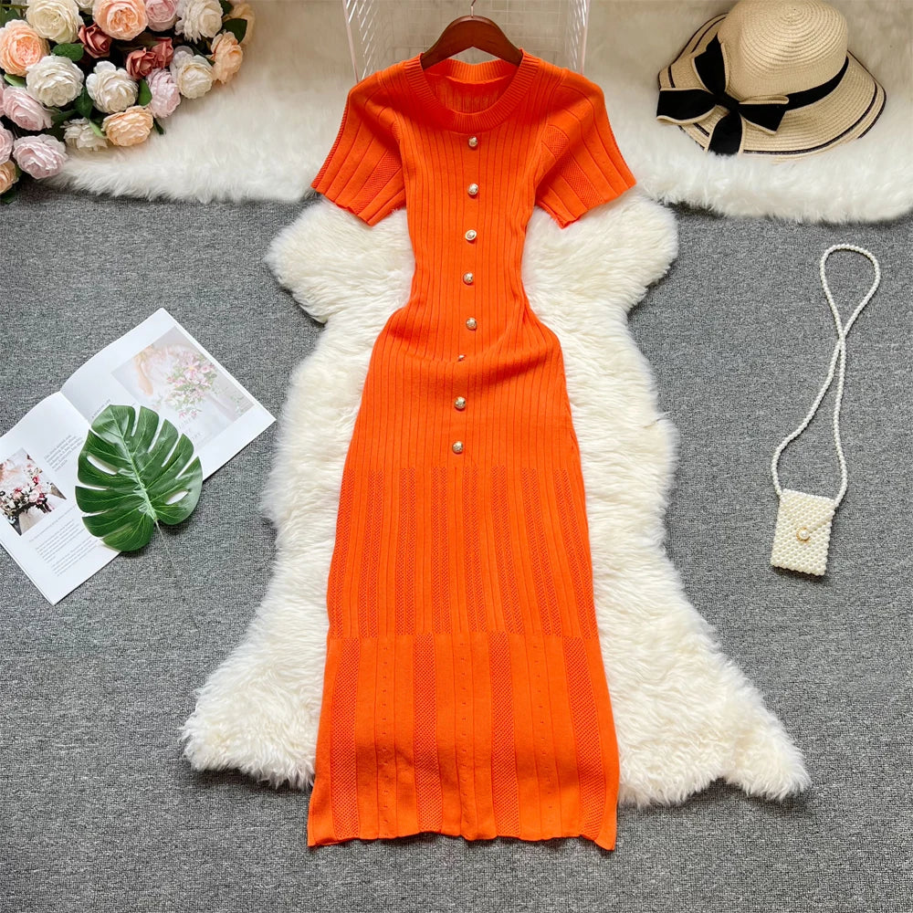Button Front Knit Bodycon Maxi Dress