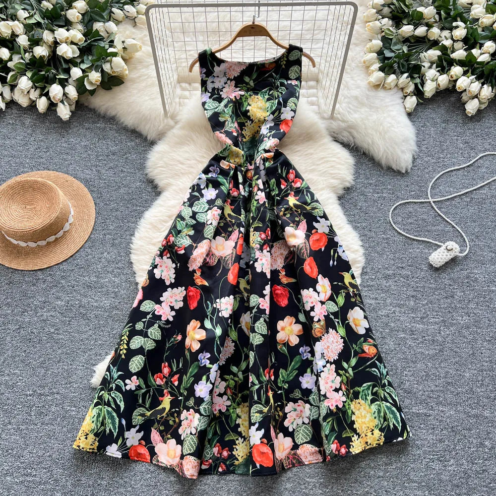 Pleated Print Sleeveless Maxi Dress