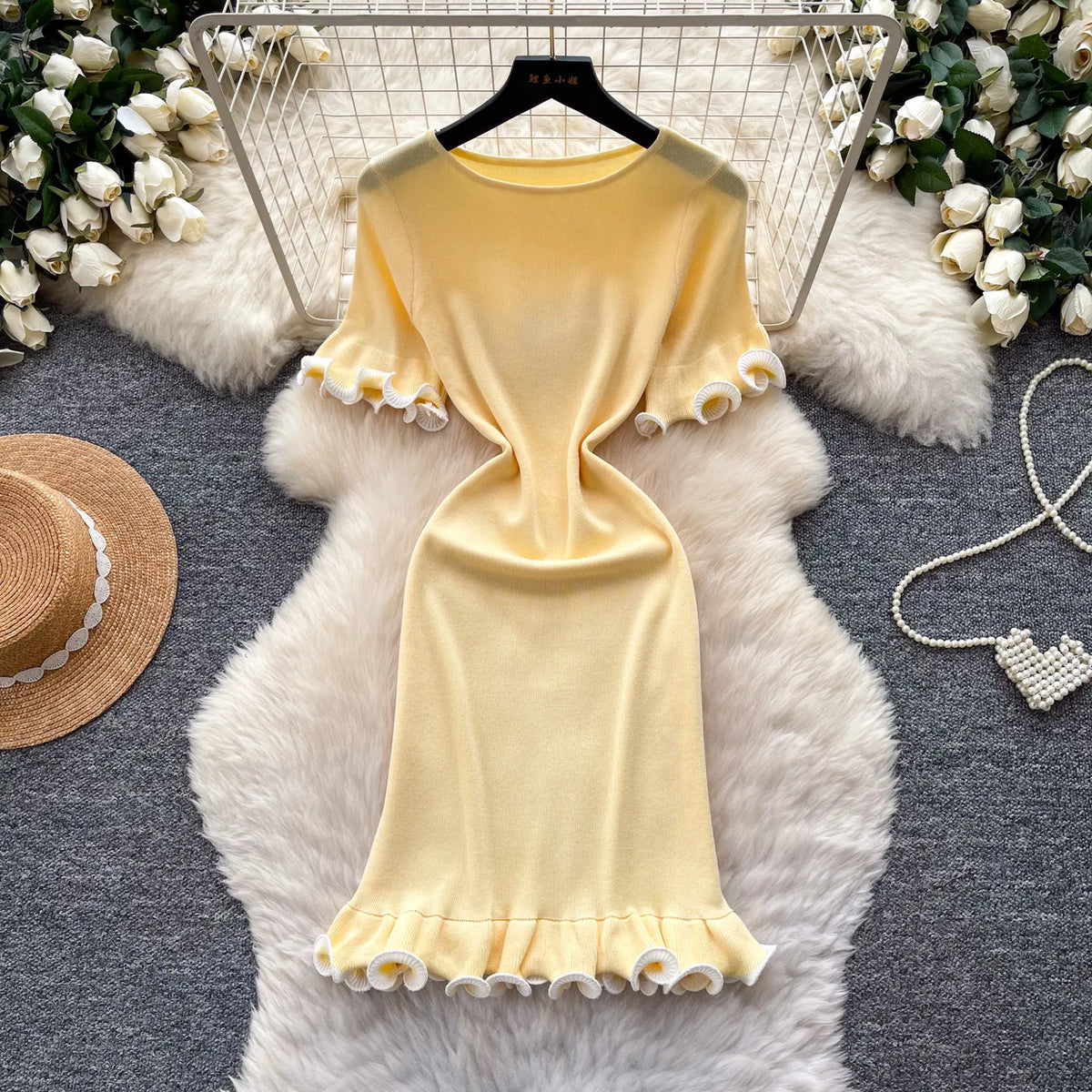 Ruffle Trim Knit Bodycon Pencil Dress