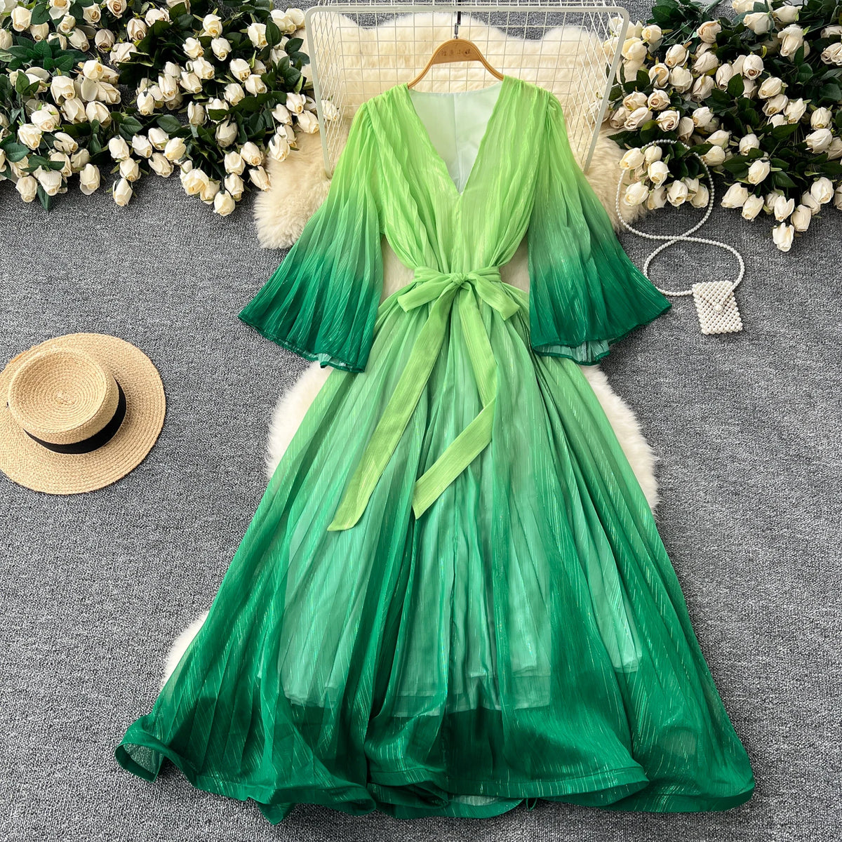 Gradient Flare Sleeve A-Line Maxi Dress