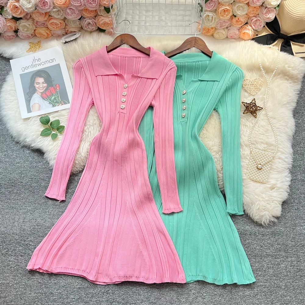Vintage Collared Knit A-Line Mini Dress