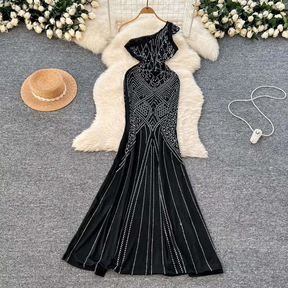 Embroidered Beaded Diagonal Shoulder Long Dress