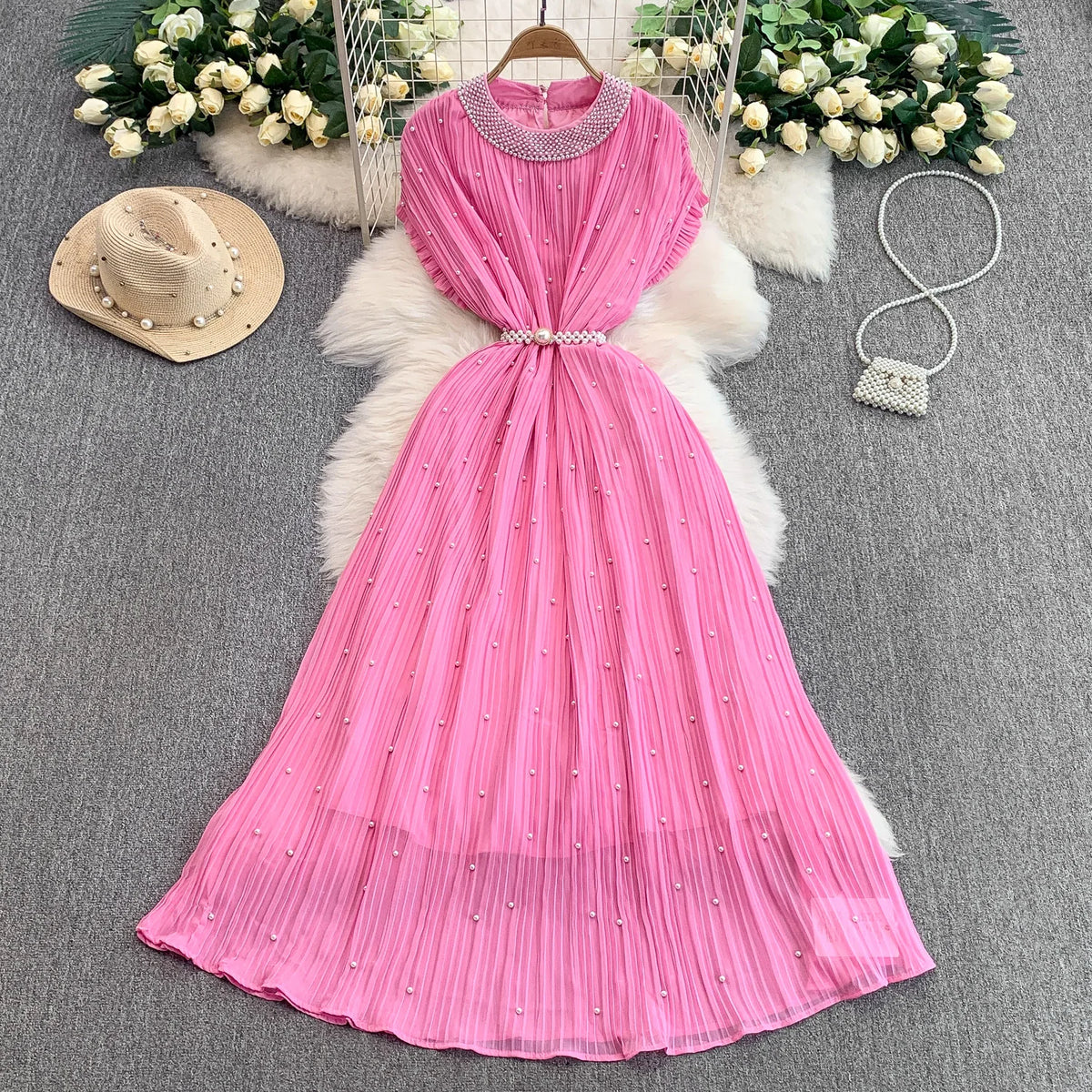 Beaded Mesh Ruched Short Sleeve Dress
