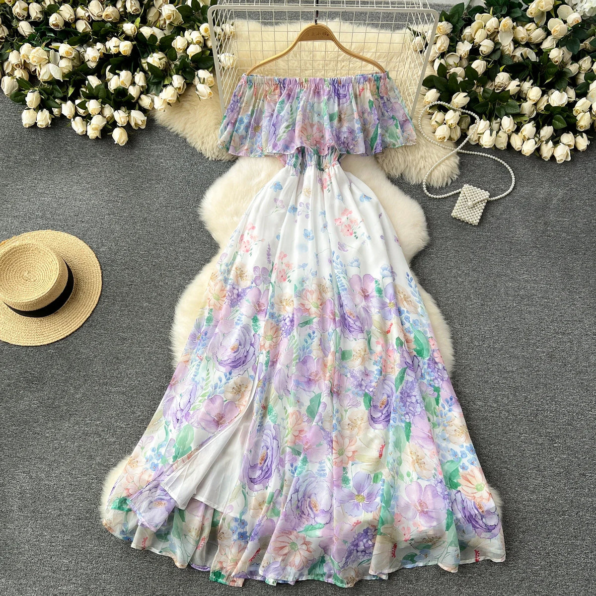Off-Shoulder Print Ruffle A-Line Dress