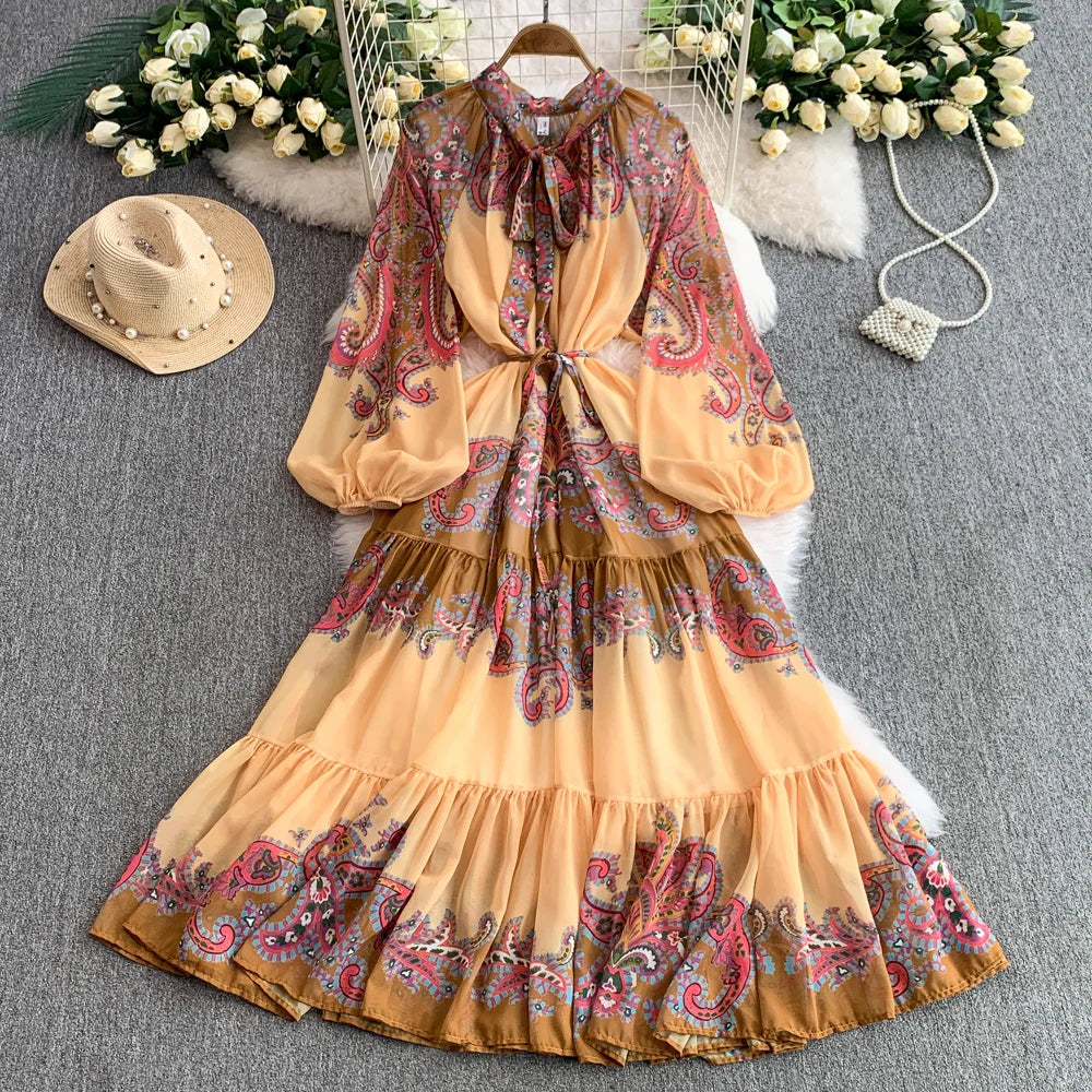 Butterfly Print Lace-Up A-Line Dress