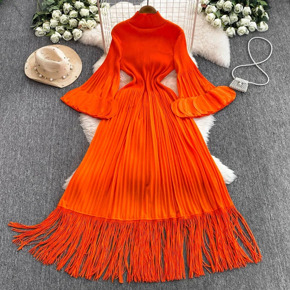 3D Petal Sleeve Turtleneck Pleated Maxi Dress