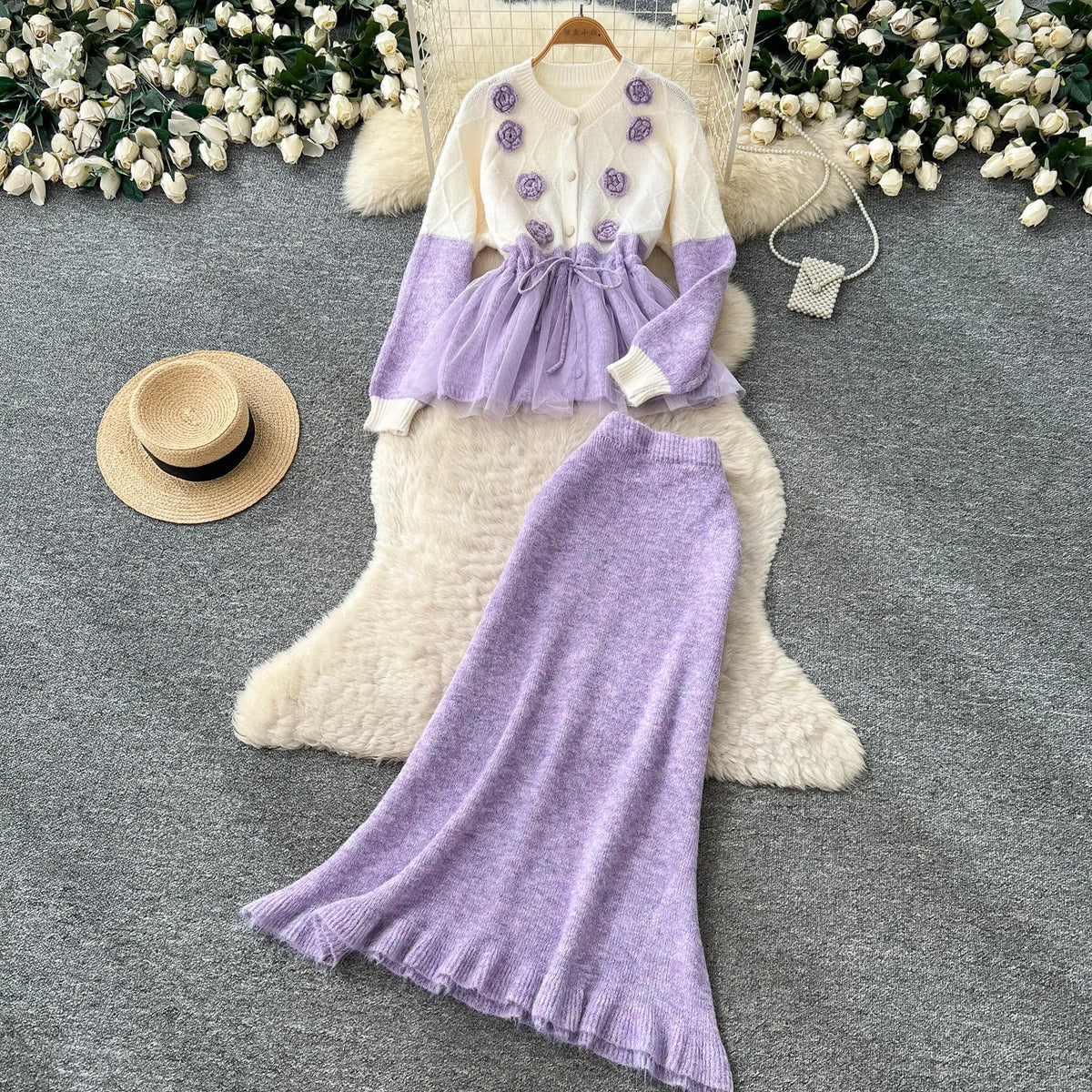 Knit Cardigan and Mesh Mermaid Skirt Set