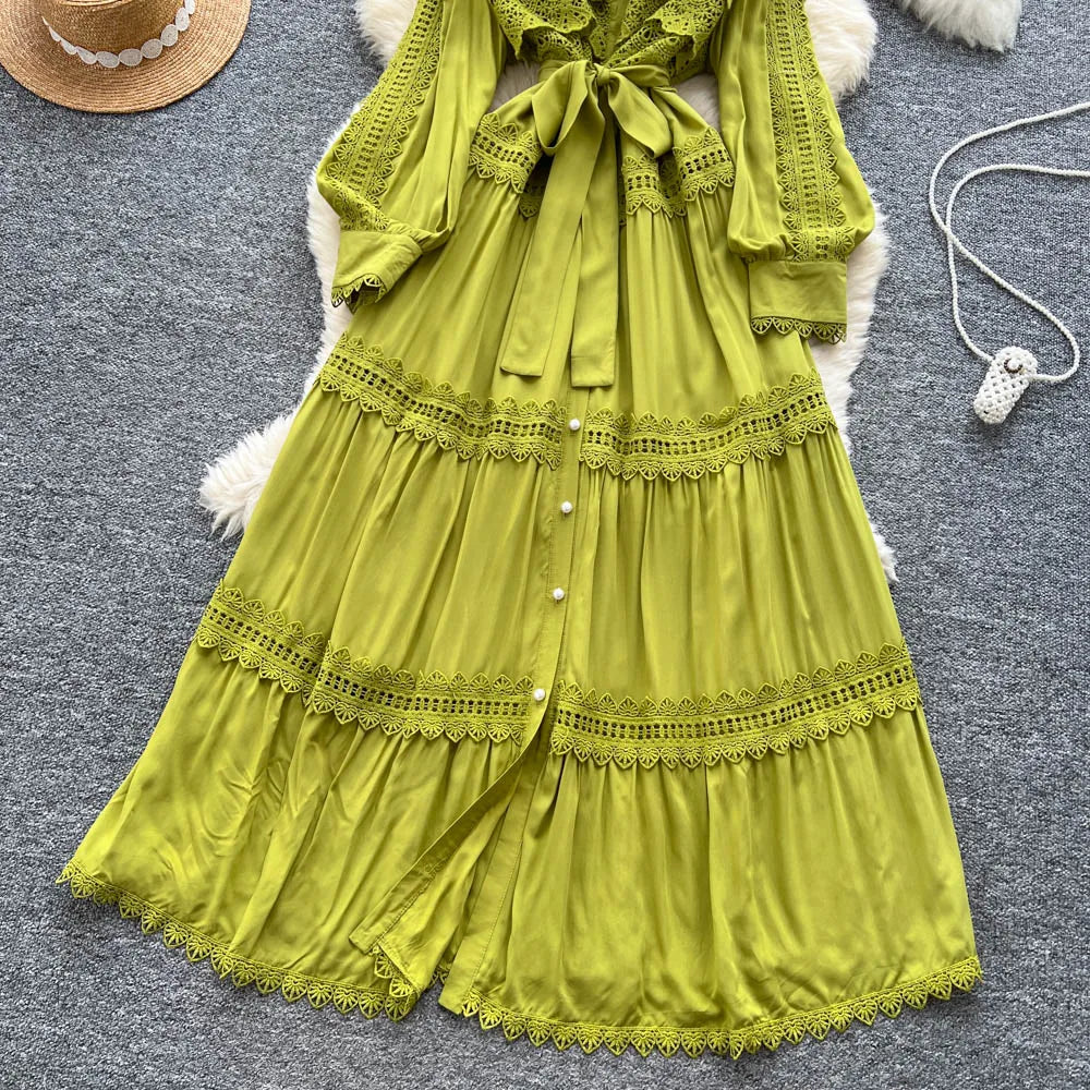 Crochet Cutout Button Long Dress