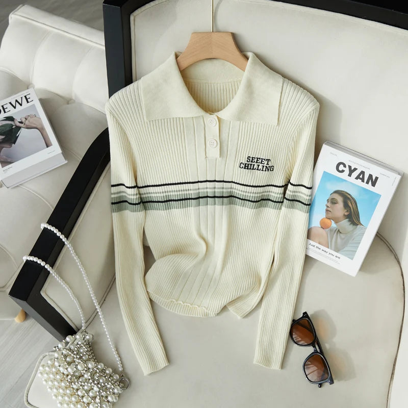 Embroidered Polo Rib Knit Top