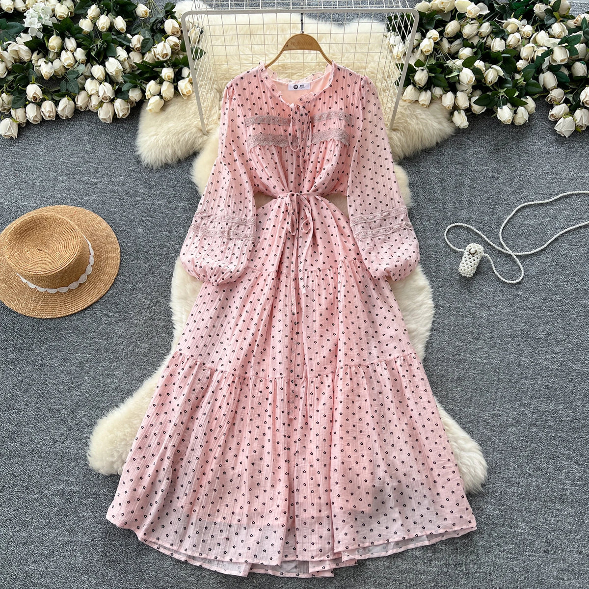Boho Lace Lantern Sleeve Maxi Dress