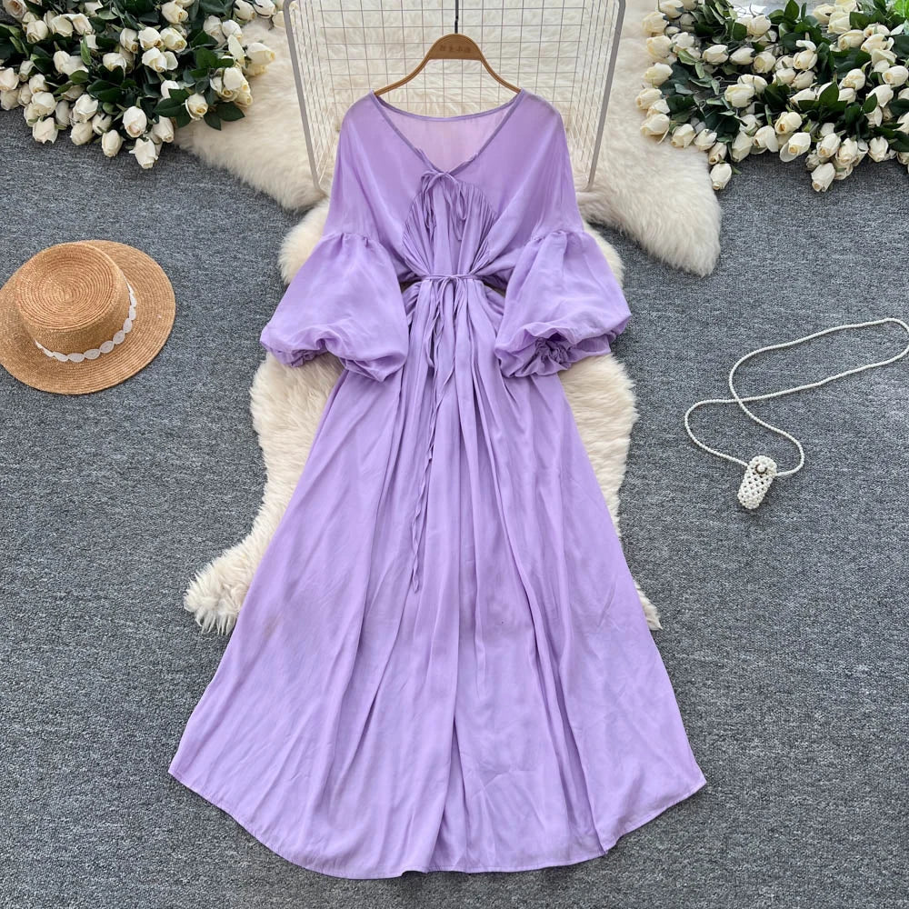 Ruched Lantern Sleeve V-Neck Maxi Dress