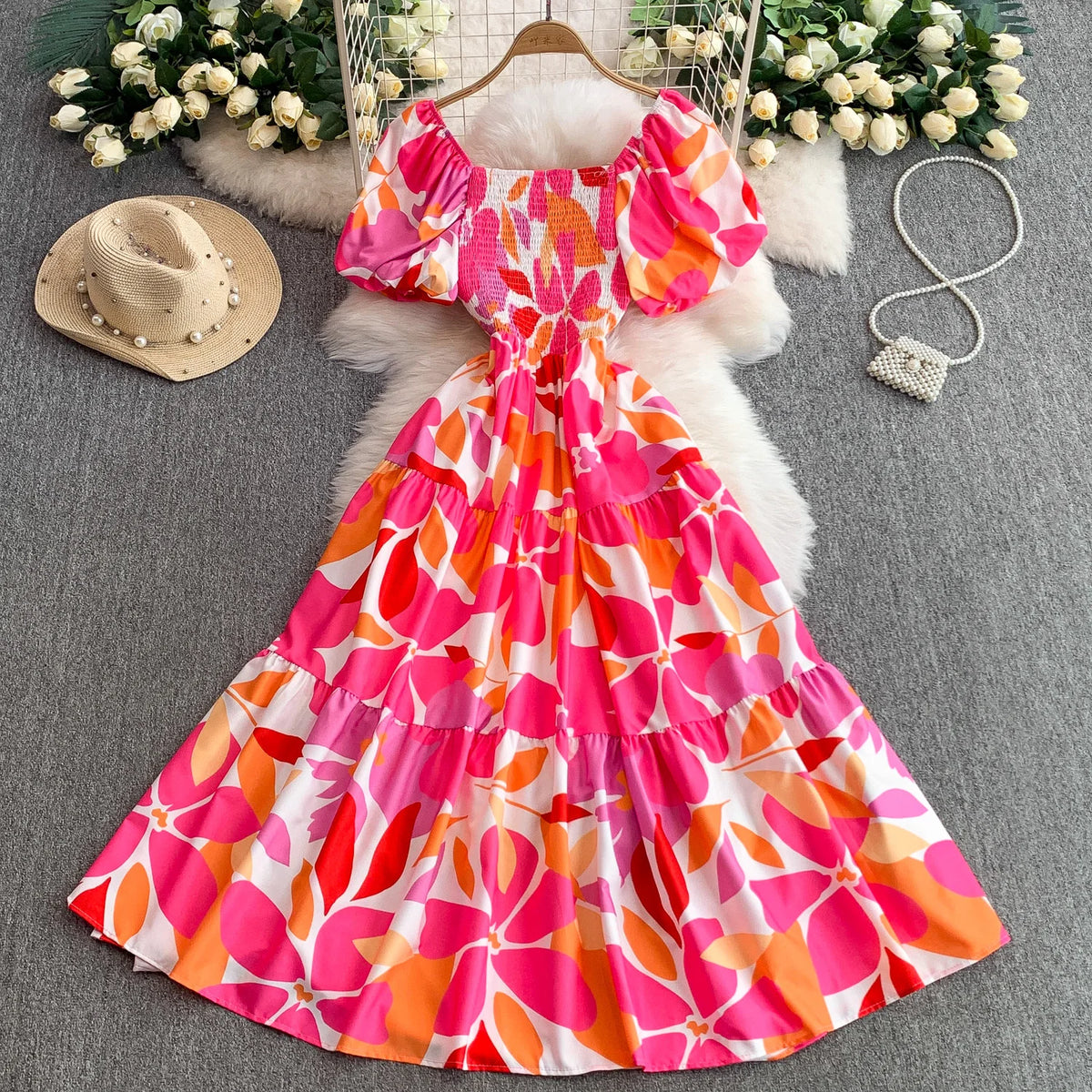 Slim V-Neck Print Evening Dress