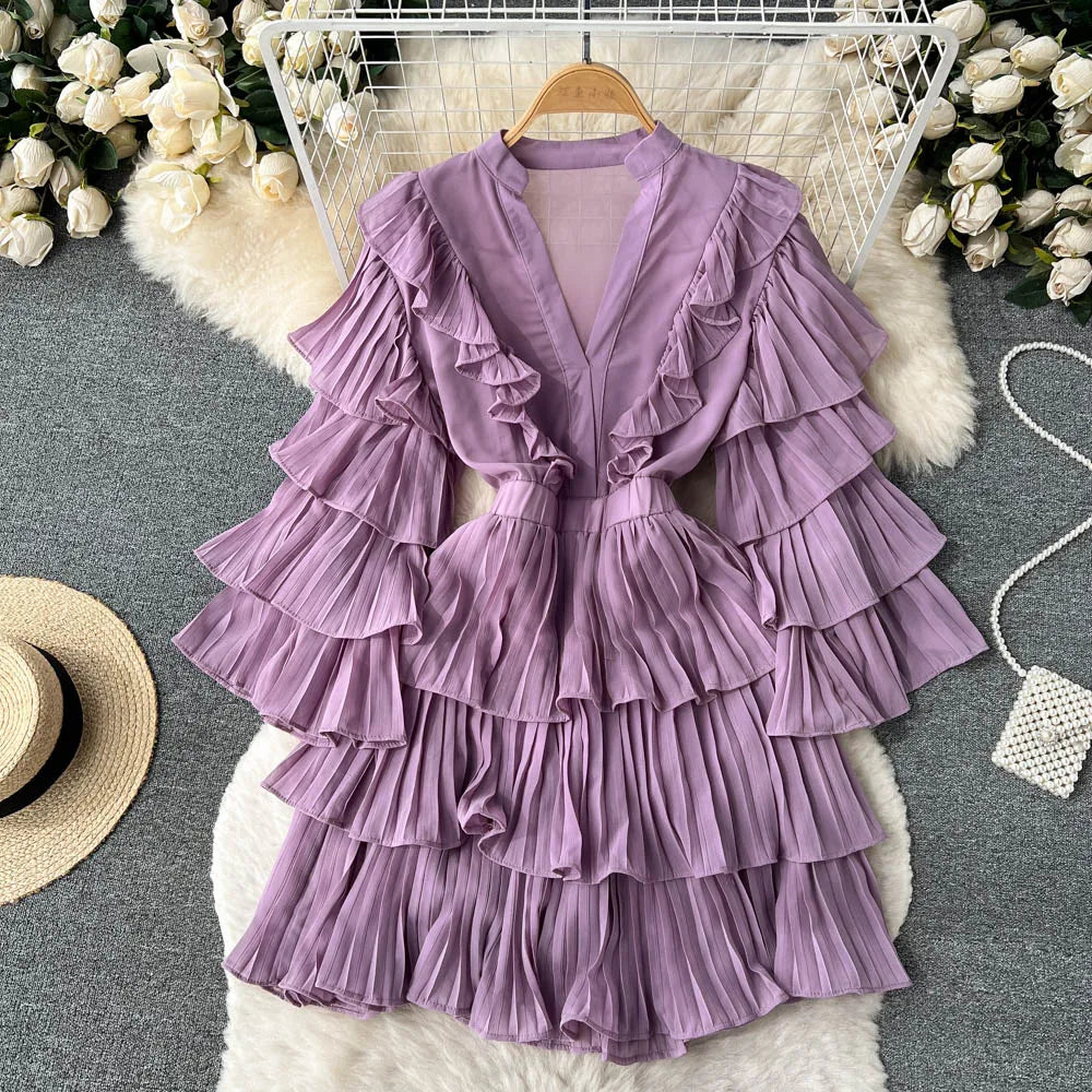 Vintage Ruffle Tiered Flare Sleeve Mini Dress