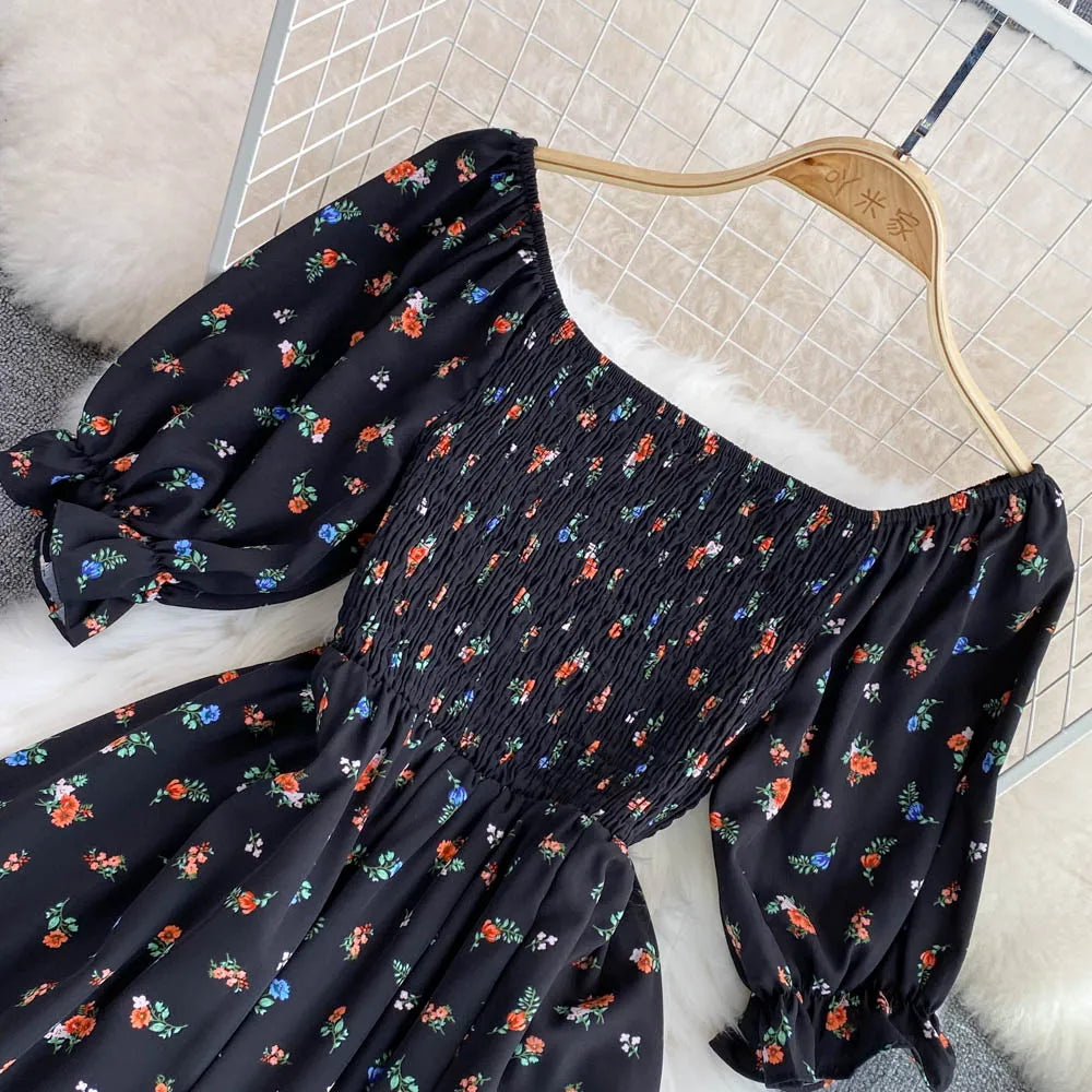 Floral Puff Sleeve Elastic Waist Dress