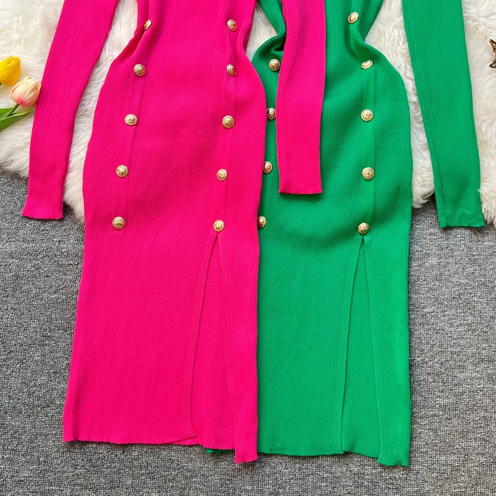 Double-Breasted Split Knit Wrap Dress